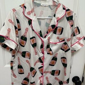 SHESHOW White Champagne Print Satin Short Pajama Set with Pink Trim size medium